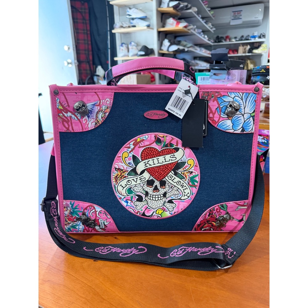 Ed Hardy Love Kills Slowly Denim Pink Tattoo Tote Bag Crossbody NWT